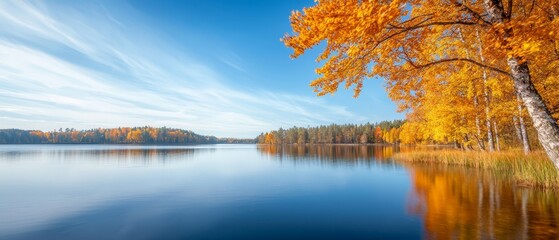 A body of water encircled by trees with vibrant orange and yellow foliage Above, a blue sky dotted with delicate wisps of cloud