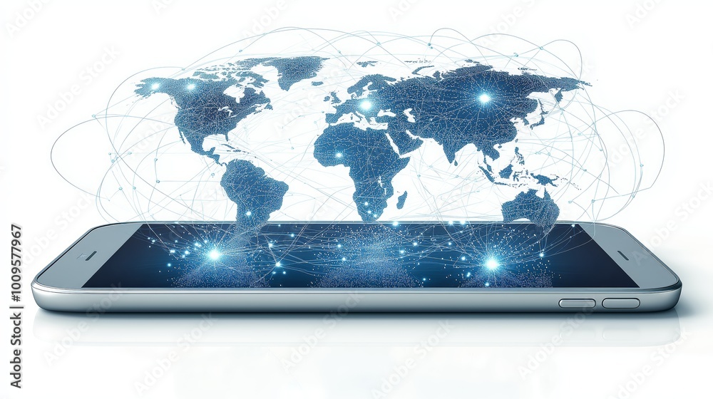 Poster A smartphone displaying a digital world map, symbolizing global connectivity, modern technology, and the seamless transfer of data across international networks, Generative AI