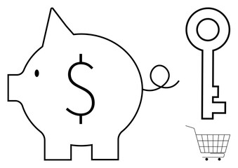 Outline of a piggy bank with a dollar sign, a key, and a small shopping cart. Ideal for finance, saving money, investments, financial security, and commerce. Simple, minimalistic, line art
