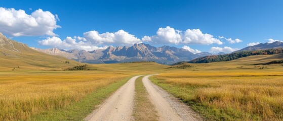  A dirt path in a field backs mountain range, clouds dotting sky
