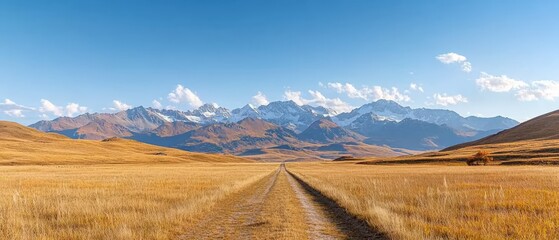  A dirt path in a field against a backdrop of mountain ranges and scattered clouds above
