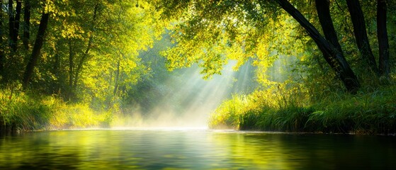 Fototapeta premium A tranquil body of water bordered by trees, radiating a brilliant beam of light from its surface