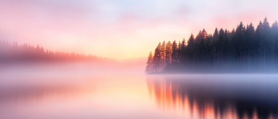  A sizable expanse of water, flanked by trees on either side, faces a misty, fog-filled backdrop