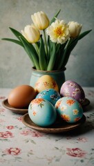 Still life of Easter eggs and spring flowers arranged on a simple table