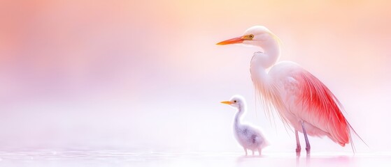 Fototapeta premium Two birds perched together on a water's edge, beneath a rosy sky