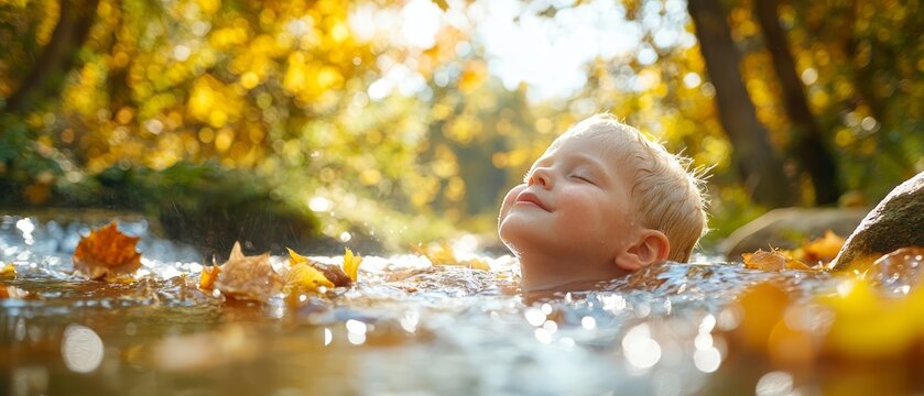 A young boy reclines in a body of water, surrounded by falling autumn leaves on the ground Trees with vibrant autumn hues stand in the background