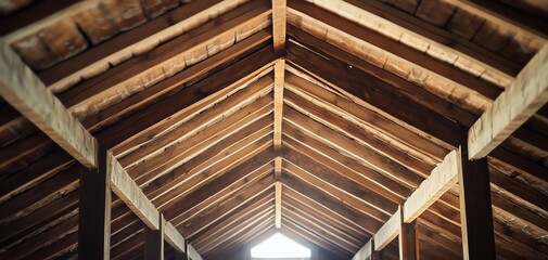 Fototapeta premium Rustic wooden barn interior with exposed beams and natural light. Perfect for farmhouse, architecture, or construction themes.