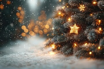 Naklejka premium blurred winter background featuring a beautifully decorated christmas tree with softly glowing garland lights conveying a festive holiday spirit and warmth
