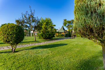 View of a well-groomed morning garden. Bright green lawn in the rays of the morning sun, spacious green lawn. Well maintained garden park. Landscape design, grass background. With copy space.