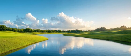  A river runs through two adjoining lush green fields, dividing them, with a lake situated in their midst