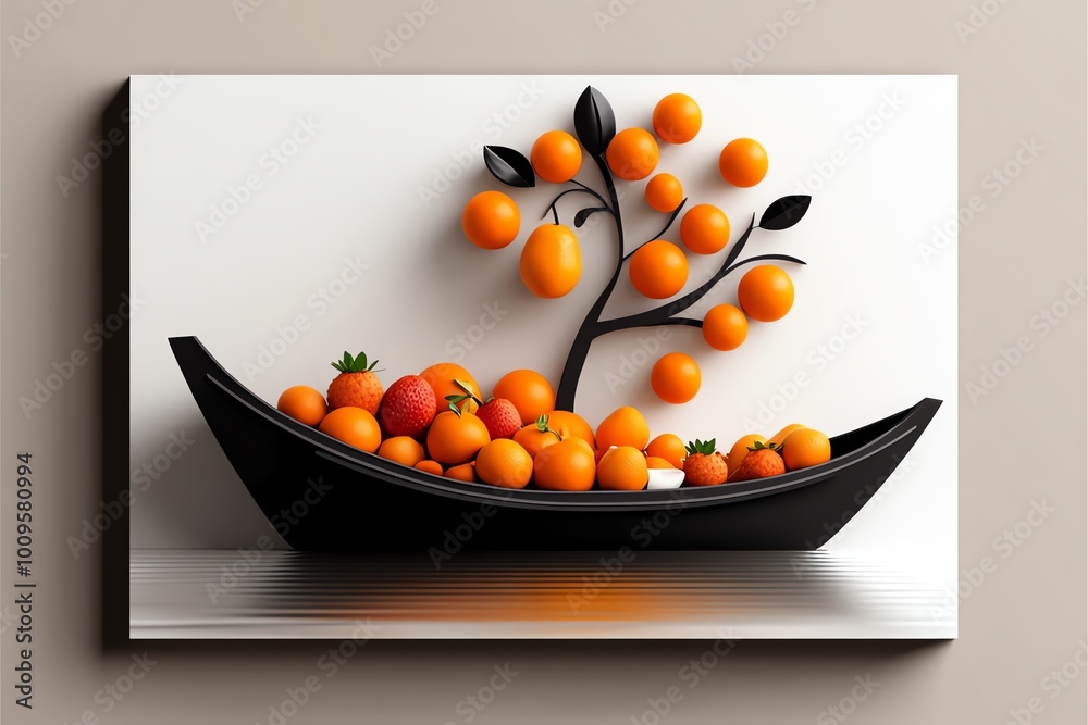Poster minimalist illustration of a single boat at the floating market, with clean lines and vibrant fruit 