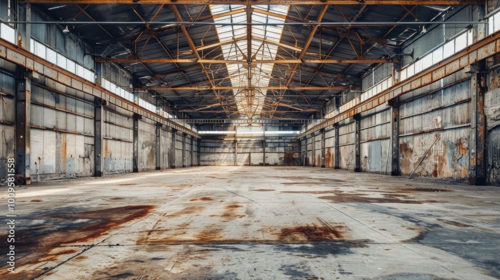 Poster a large, empty warehouse with a lot of rust and debris