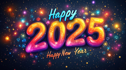 A flat lay banner for "Happy New Year" with a bold, colorful, cartoonish design.