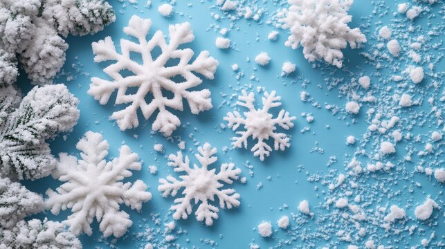 Snowflakes and winter decor arranged on a bright blue background for festive seasonal aesthetics