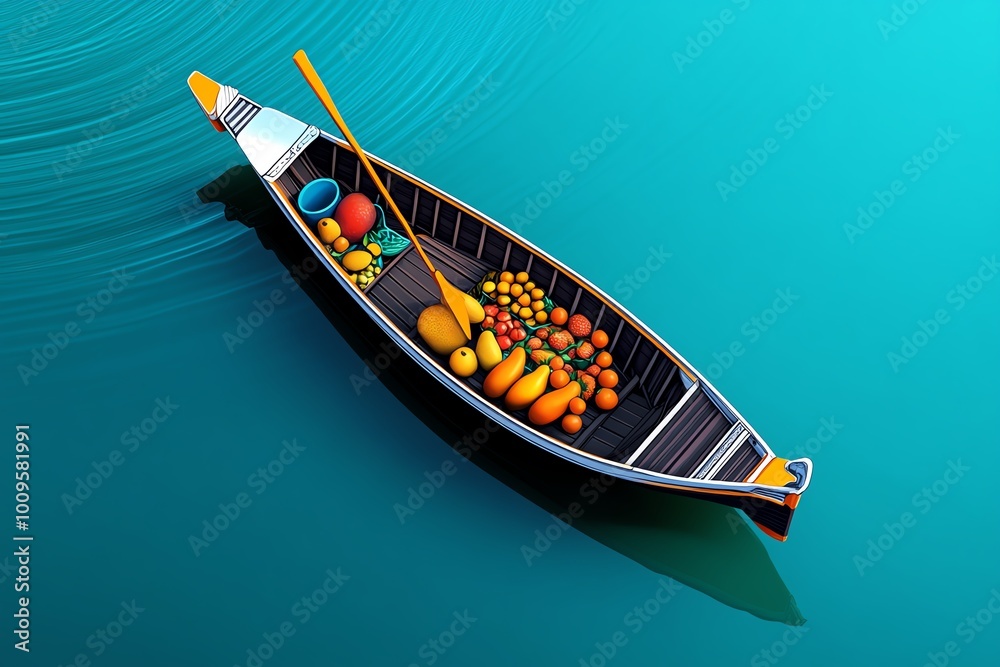 Poster minimalist illustration of a single boat at the floating market, with clean lines and vibrant fruit 
