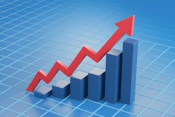 Red line rising sharply on a blue grid, indicating growth