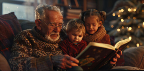 Obraz premium A man is reading a book to two children