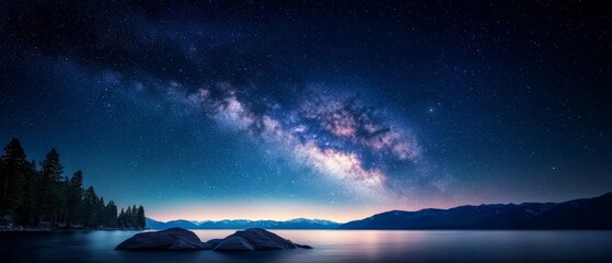  A lake with rocks in the foreground is framed by a night sky filled with stars and a distant mountain range