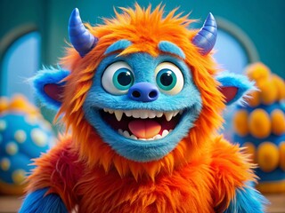 Fototapeta premium Vibrant Orange and Blue Monster Character with Whimsical Features and Playful Expression for Kids