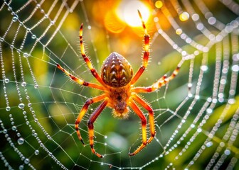 Vibrant Orange Orb Weaver Spider on a Web in Nature Capturing Morning Dewdrops and Sunshine