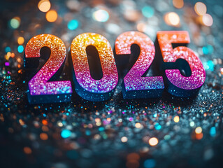 "2025" in vibrant, glowing colors stands out against a dark background with glitter and bokeh lighting 