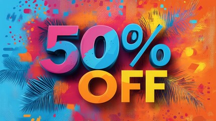 Vibrant promotional banner showing 50 percent off sale with colorful abstract background and palm leaves
