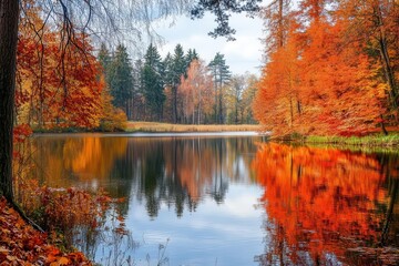 A tranquil autumn landscape with vibrant foliage reflecting on a calm lake.