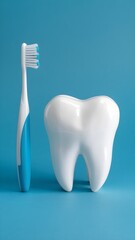 White tooth next to blue and white toothbrush on blue background emphasizes cleanliness Vertical Mobile Wallpaper