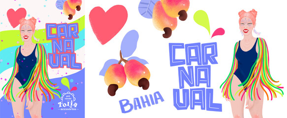 Carnaval, Brasil, tropical, colorido, confete, alegria, mulher, fantasia, caju, coração, Bahia, Salvador, trio elétrico, música, festa, desfile, samba, maquiagem de carnaval, brilho, banner, acessório