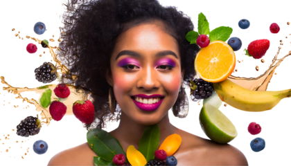 Woman's face with fruits and berries. Cosmetic concept Splashes. Generative AI.