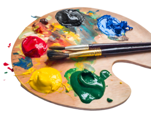 Wooden art palette with blobs of paint and a brushes Splash on a white isolated background. Generative AI.