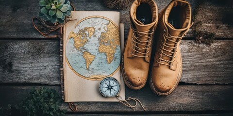 A travel-themed flat lay featuring boots, a map, and a compass.