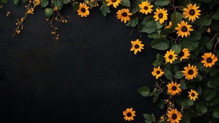 Yellow flowers with green leaves on a black background.