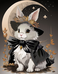 Cute rabbit on the costume and hat in the dark grey backround