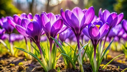 Vibrant Purple Crocuses Blooming in Springtime Garden Surrounded by Lush Green Grass and Soil