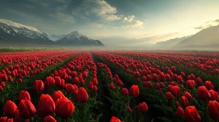 Fototapeta premium A panoramic view of tulip fields in full bloom, framed by distant mountains in the early morning light