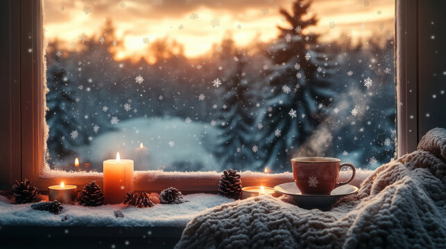Cozy winter window scene with glowing candles, steaming cup, snow-covered pinecones, and snowflakes falling during a sunset - Powered by Adobe
