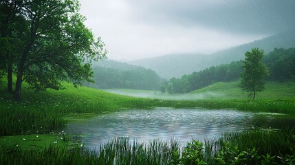   A lush green field surrounds a serene lake, framed by a dense forest and shrouded in soft mist