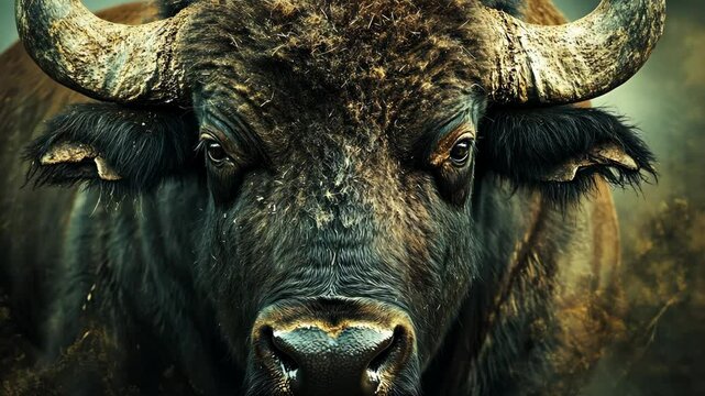 A large black buffalo stares intensely into the camera with its massive horns