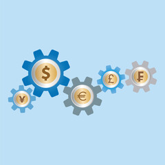 Cogwheel gear with different coins like dollar, pound, euro, swiss franc, and yen