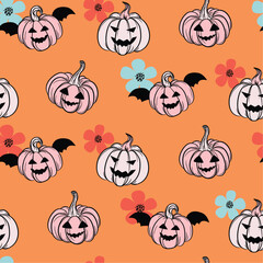 Halloween cute Pumpkin, flowers and spider web Seamless Pattern texture. Modern pink, orange and black girlish Background. Floral holiday Print colors for textile, wrapping paper, wallpaper, web