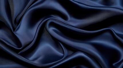 A close-up view of luxurious navy blue satin fabric with elegant folds and smooth texture.