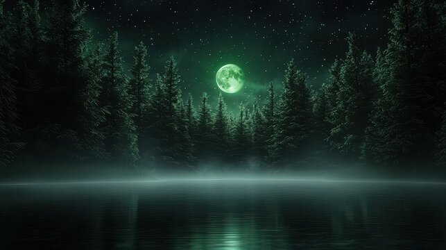 A serene night scene featuring a glowing green moon above a misty lake, surrounded by tall evergreen trees under a starry sky.