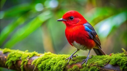 Vibrant Red-Cheeked Bird Perched on a Branch in a Lush Green Forest Setting Captured in Nature