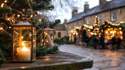 A cozy outdoor scene featuring decorative lanterns, twinkling lights on trees, and people enjoying a festive atmosphere during a winter evening.