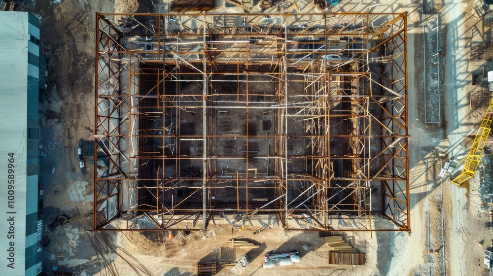 Poster A construction site with a large building in the background