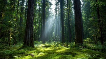 A serene forest scene with sunlight filtering through tall trees, illuminating a lush green undergrowth.