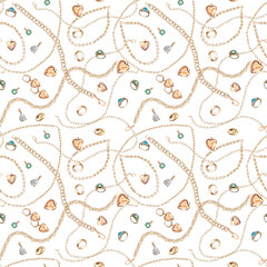 Seamless pattern of tangled chains, pendants, rings, bracelets on a white background. Watercolor illustration for gift wrap design, fabric printing, window dressing and headbands