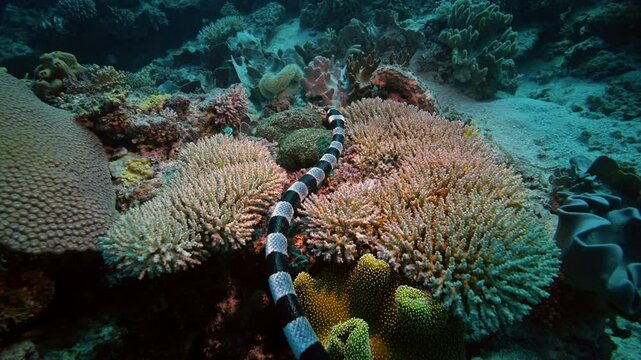 Sea snake swimming above coral reef - Banded Sea Krait