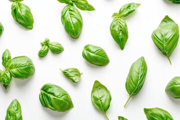 Obraz premium A variety of fresh basil leaves arranged on a white background.